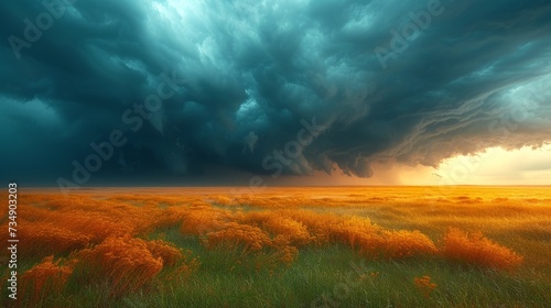 Dramatic Storm Clouds Over a Prairie: Dark and dramatic storm clouds gathering over a vast prairie, creating a powerful and atmospheric landscape.