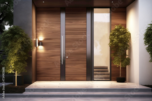 house entrance with exclusive wooden brown doors, doors illuminated, in the evening
