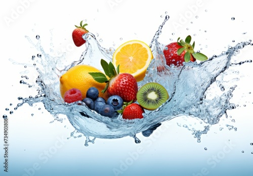 water splashes on various fruits in a bowl, including strawberries, kiwi