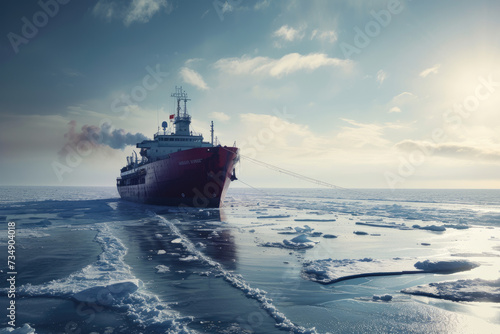 Large Cargo icebreaker sails in ice-cold ocean