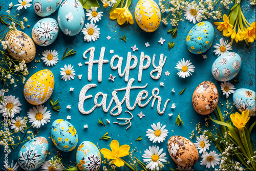 Vibrant Happy Easter Greeting with Decorated Eggs and Spring Flowers