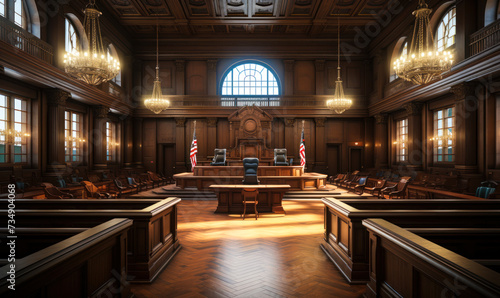 Elegant and traditional wooden courtroom interior with judge's bench, witness stand, and American flag symbolizing justice and legal proceedings photo