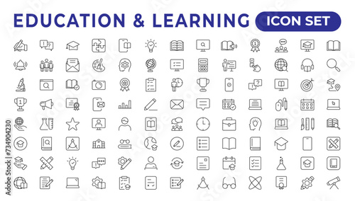 "Education line icon collection..Contains knowledge, college, task list, design, training, idea, .teacher, file, graduation hat, institute, ruler, and telescope..Education set of web icons in style. "
