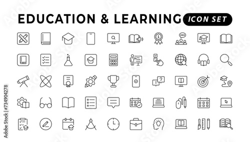 "Education line icon collection..Contains knowledge, college, task list, design, training, idea, .teacher, file, graduation hat, institute, ruler, and telescope..Education set of web icons in style. " © artnazu