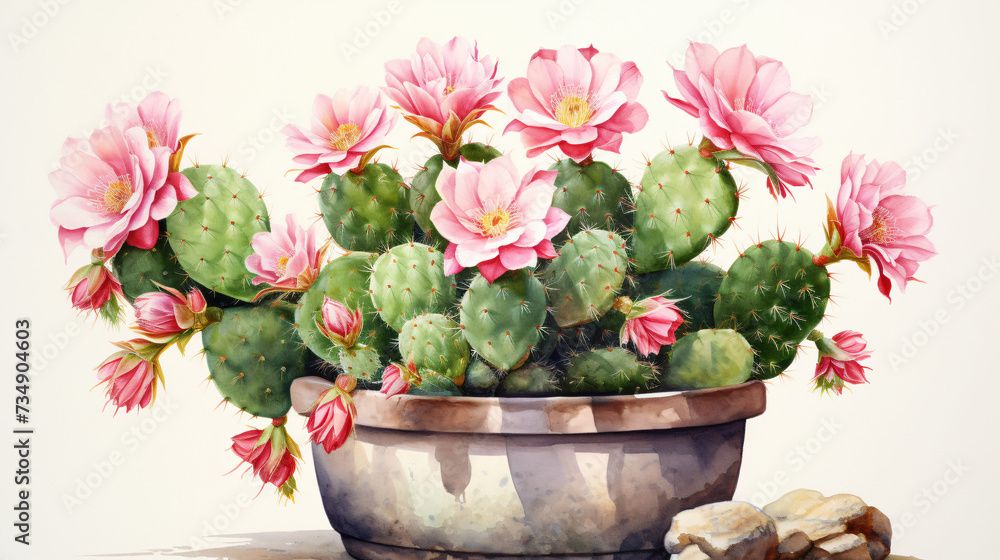 A watercolor illustration of a cactus with pink flowers.