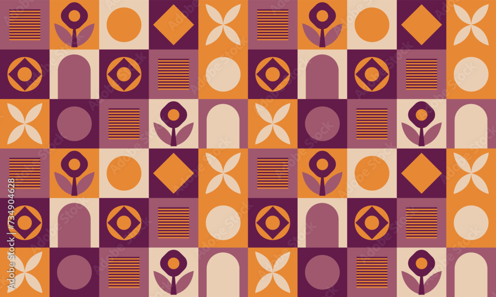 Geometric pattern on burgundy and yellow with geometric shapes and abstract flowers. Seamless pattern for printing on fabric, web banner, poster, flyer, card. Vector file, design elements. Geometric pattern on burgundy and yellow with geometric shapes and abstract flowers. Seamless pattern for printing on fabric, web banner, poster, flyer, card. Vector file, design elements.