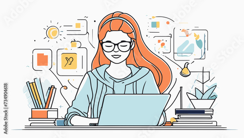 Vector de una mujer trabajando con su ordenador portátil