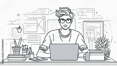 Vector de un hombre trabajando con su ordenador portátil