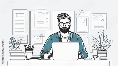 Vector de un hombre trabajando con su ordenador portátil