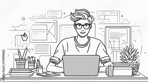 Vector de un hombre trabajando con su ordenador portátil