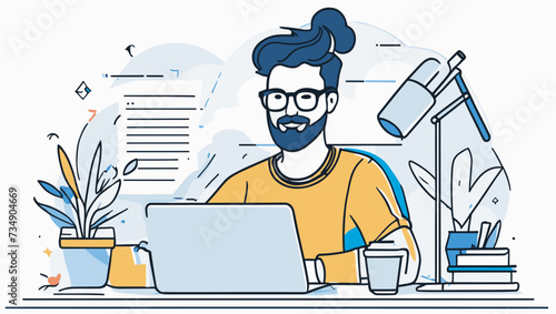 Vector de un hombre trabajando con su ordenador portátil