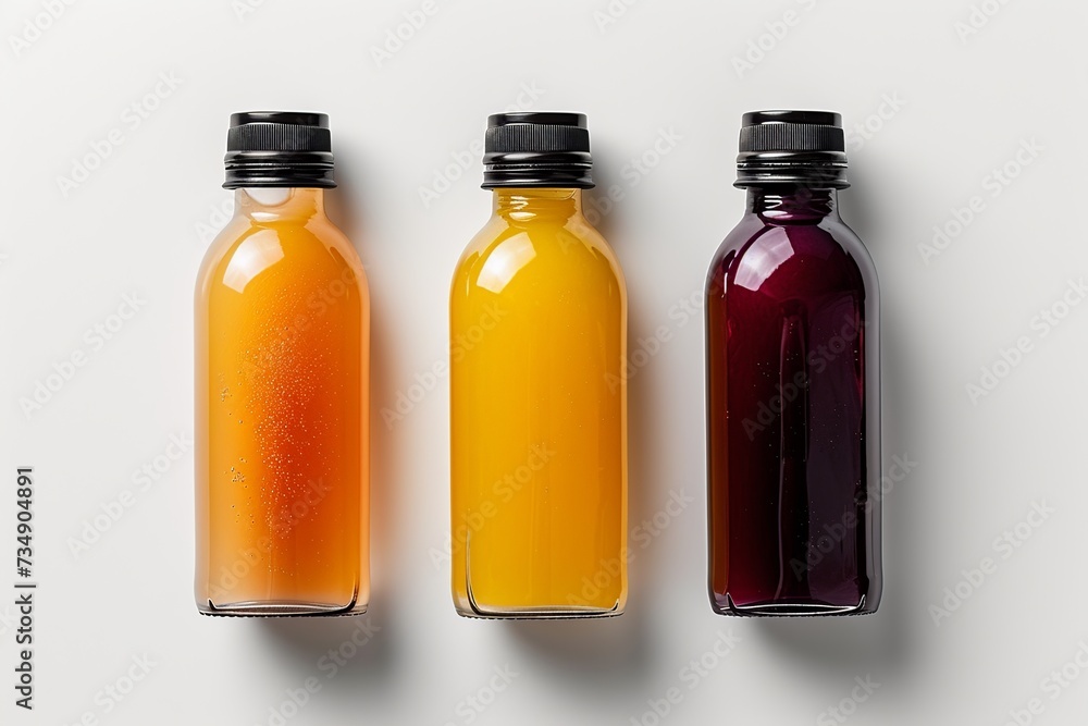 Discover the essence of freshness and variety with a trio of fruit juice bottles featuring sleek black caps, label-free to showcase the vibrant fruit blends inside, set against a crisp white backgroun Discover the essence of freshness and variety with a trio of fruit juice bottles featuring sleek black caps, label-free to showcase the vibrant fruit blends inside, set against a crisp white backgroun