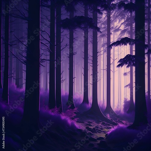 AI generated illustration of a beautiful lush forest under a purple sky