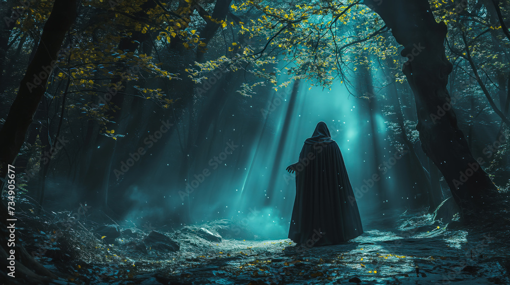 Mysterious Figure in Enchanted Forest Scene Mysterious Figure in Enchanted Forest Scene
