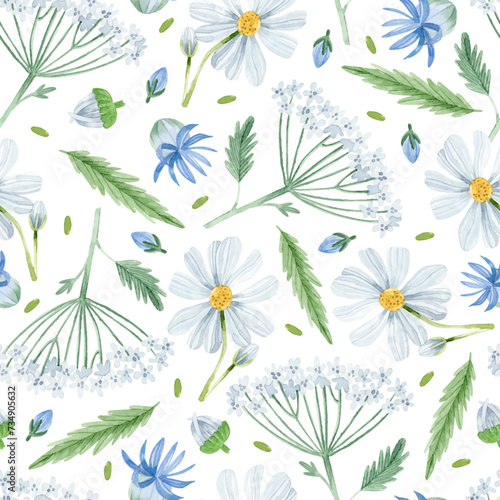 Watercolor chamomile, yarrow and cornflower seamless pattern