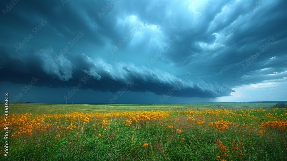 Dramatic Storm Clouds Over a Prairie: Dark and dramatic storm clouds gathering over a vast prairie, creating a powerful and atmospheric landscape.