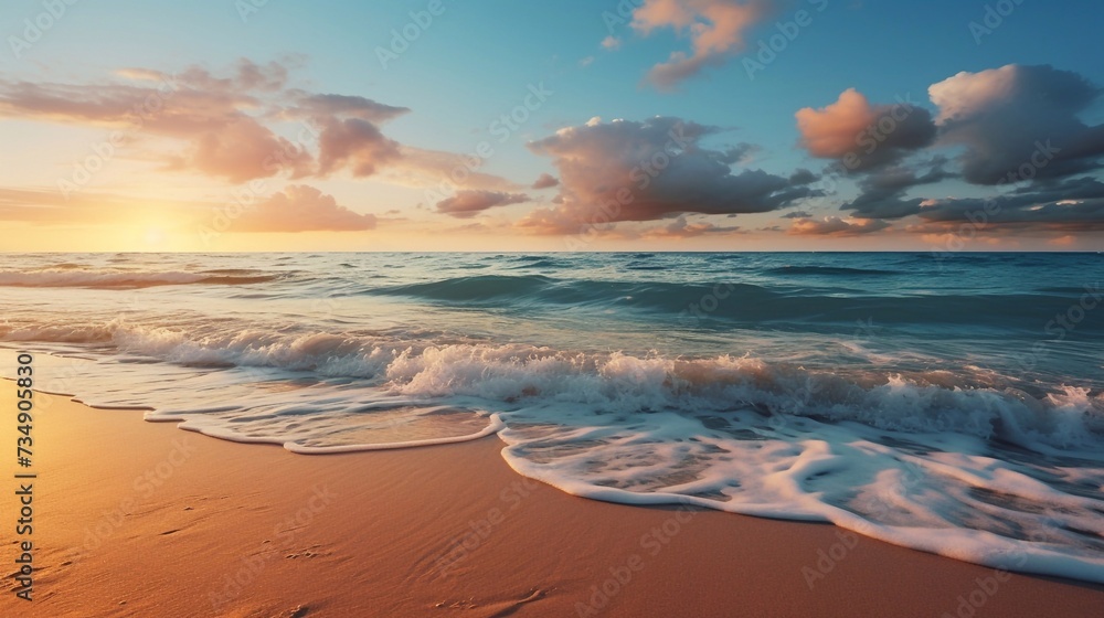 Empty tropical beach and seascape pastel peach fuzz and gold sunset sky, soft sand, tranquility, calm relaxing sunshine, summer mood. Empty tropical beach and seascape pastel peach fuzz and gold sunset sky, soft sand, tranquility, calm relaxing sunshine, summer mood.
