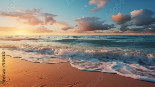 Empty tropical beach and seascape pastel peach fuzz and gold sunset sky, soft sand, tranquility, calm relaxing sunshine, summer mood.