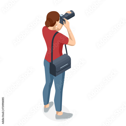 Isometric Woman Photographer with dslr Camera. Digital photo camera. Home hobby, lifestyle, travel, people concept. Professional Photographer
