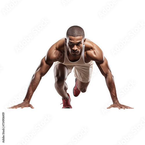 Man Sprinter Leaving Starting Blocks on Running Track isolated on white and transparent background. Ideal for use in advertising. Generative ai