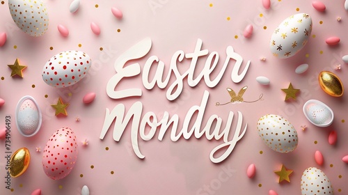 Typography: Happy Easter Monday trendy design with hand drawn strokes and dots, eggs, bunny ears, spring flowers in pastel colors. Modern minimalist style.