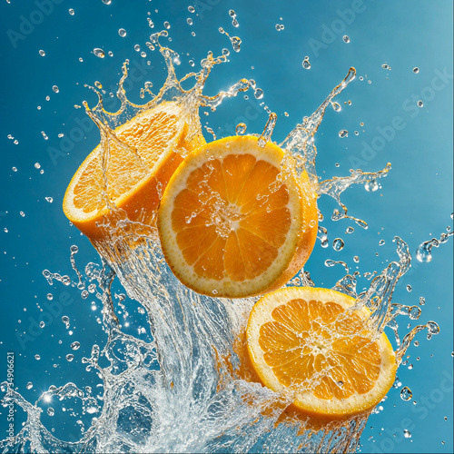 Fresh Orange Slices Splashing in Water Against Blue Background