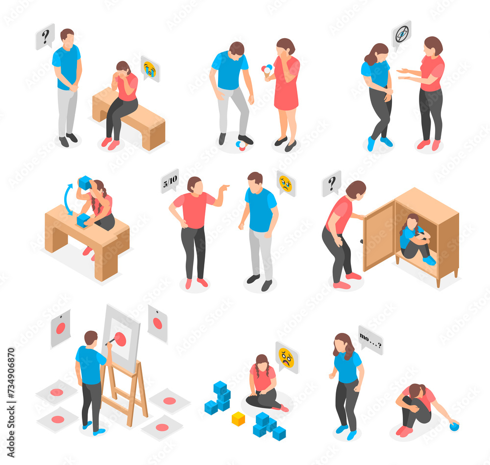 Autistic characters in isometric view