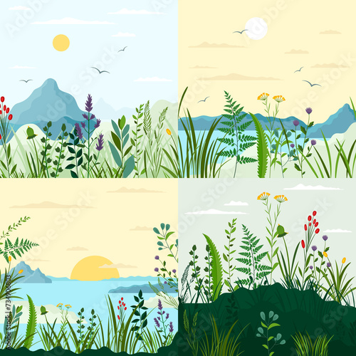 Hand drawn flat herbs and grasses composition set #734906803