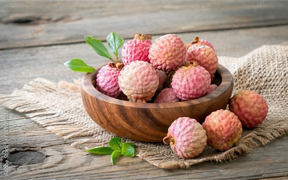 fresh lychees in a bowl on wooden background