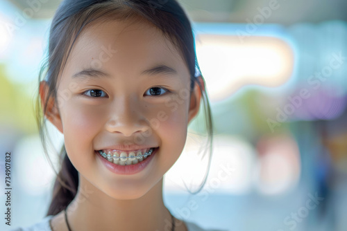 Smiling beautiful Asian girl with braces on her teeth. Orthodontics and dental health