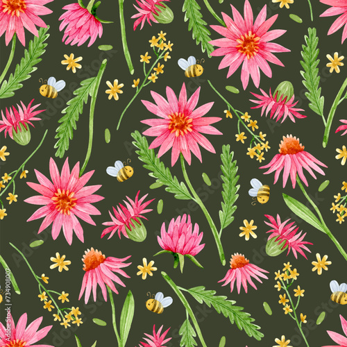 Watercolor pink coneflowers, clovers and bees seamless pattern on dark background