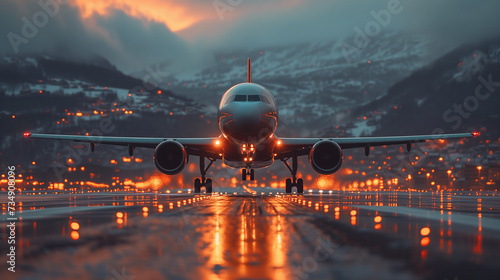 front view of a beautiful airplane just taking off at dusk against the background of beautiful rocky snow-capped mountains and a well-lit runway
