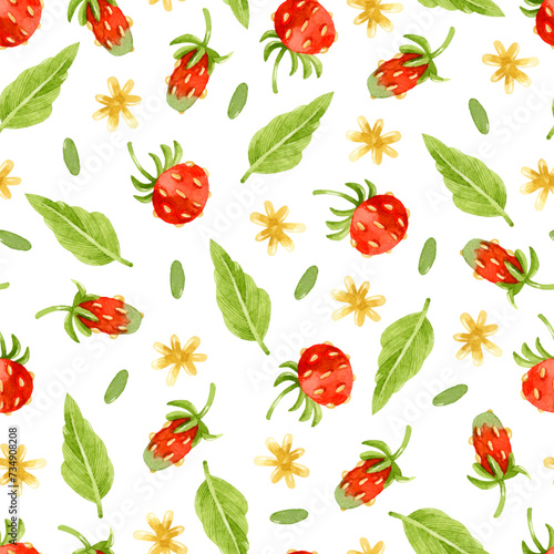 Watercolor wild strawberry  leaves and yellow flowers seamless pattern