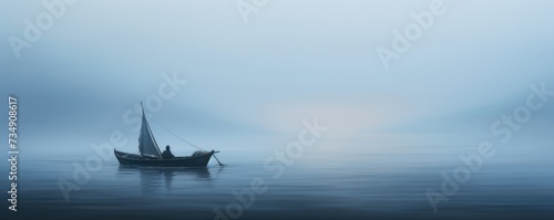lonely boat by coast in mystic foggy seascape