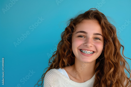 Smiling beautiful girl with braces on her teeth. Orthodontics and dental health, isolated on blue background photo