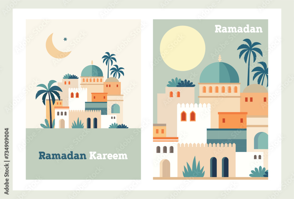 Set of vintage greeting cards, invitations or posters. Muslim holiday Ramadan Kareem. Colorful arab houses, date palm trees. Moon, stars. Vector illustrations set, flat design. Festive web banner. 