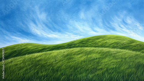 Green hills under a blue sky.