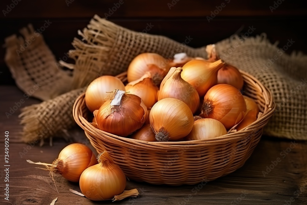 onions in a basket on a table with a brown background onions in a basket on a table with a brown background