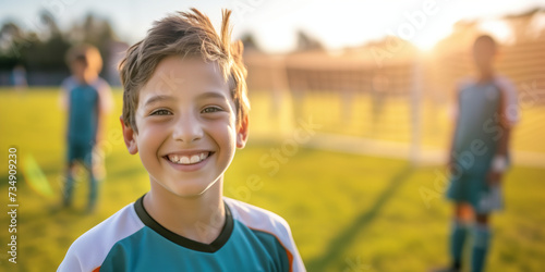 Cheerful ten years old boy in soccer uniform smiling on a backdrop of soccer pitch. Sports and active leisure for young kids. © MNStudio
