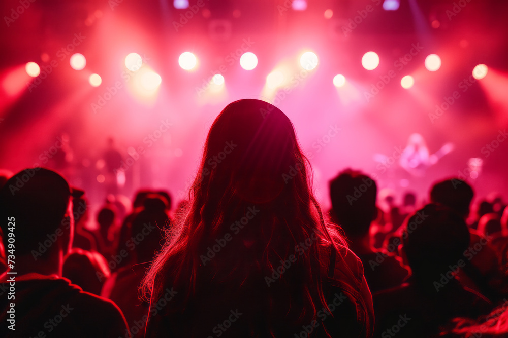 People sitting at the concert hall during musicians performance, back view, red spotlights from the stage.