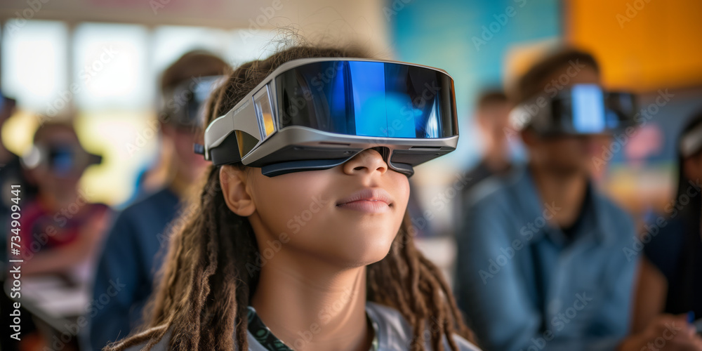 Group of children wearing VR goggles during a lesson in classroom. Using modern technologies to teach kids in school. Augmented reality, future technology, AI concept. Group of children wearing VR goggles during a lesson in classroom. Using modern technologies to teach kids in school. Augmented reality, future technology, AI concept.