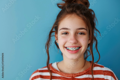 Smiling beautiful girl with braces on her teeth. Orthodontics and dental health, isolated on blue background