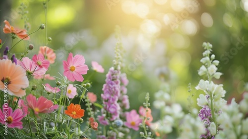 Fototapeta Naklejka Na Ścianę i Meble -  fresh, blossoming garden scene with flowers in soft pop color palette