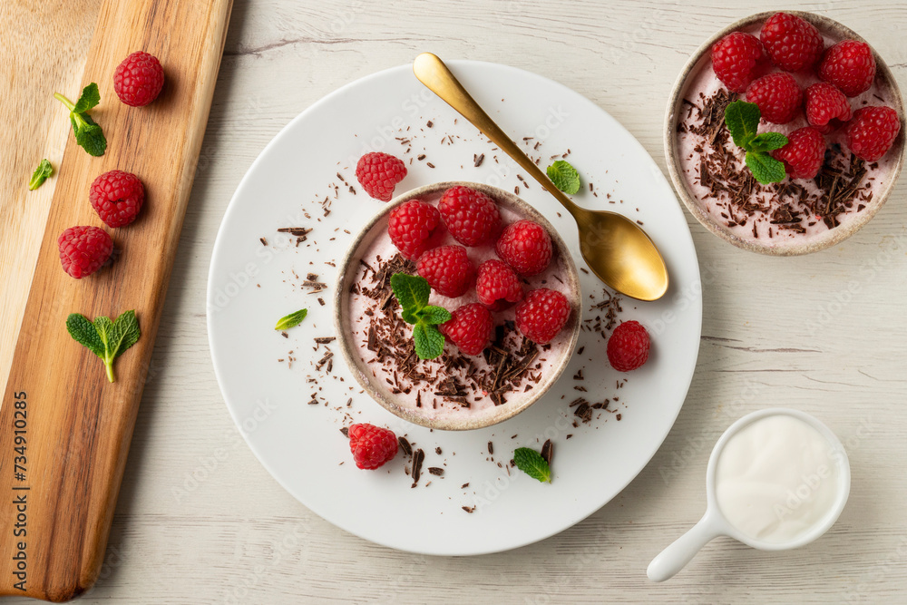 Yogurt and raspberry mousse. Traditional Italian recipe. Yogurt and raspberry mousse. Traditional Italian recipe.