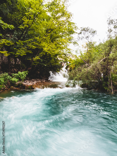 Long exposure shot of a stream flowing through a lush forest. Plitvice Lakes National Park. Croatia