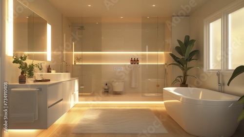 Bathroom sleek and contemporary with towels in soft pop colors and light