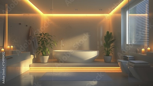 sleek, contemporary bathroom with soft pop colored towels and ambient lighting photo