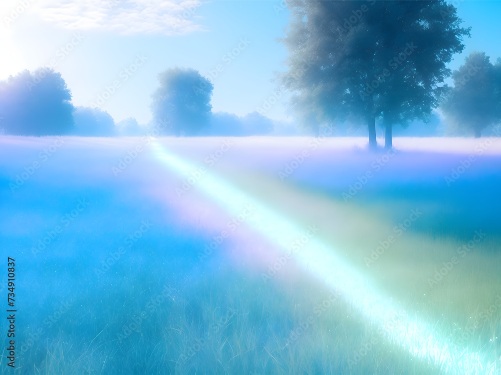 A foggy meadow in the morning. The grass is green and lush, and the fog is thick and white