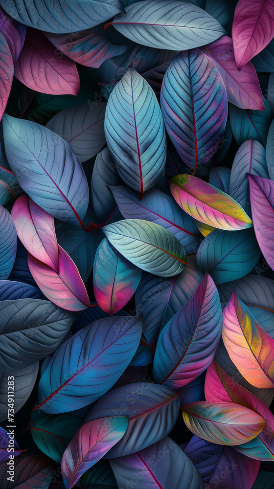 background of leaves iridescent glossy pattern for cell phone wallpaper colorful blue pink purple vivid bold texture nature shiny sparkling neon mobile design plant illustration holographic foil style