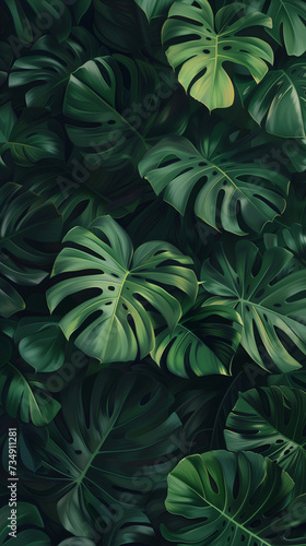 green leaves cell phone wallpaper monstera background tropical jungle rainforest pattern drawing painting texture exotic nature shiny dark design for mobile plant illustration chiaroscuro contrast